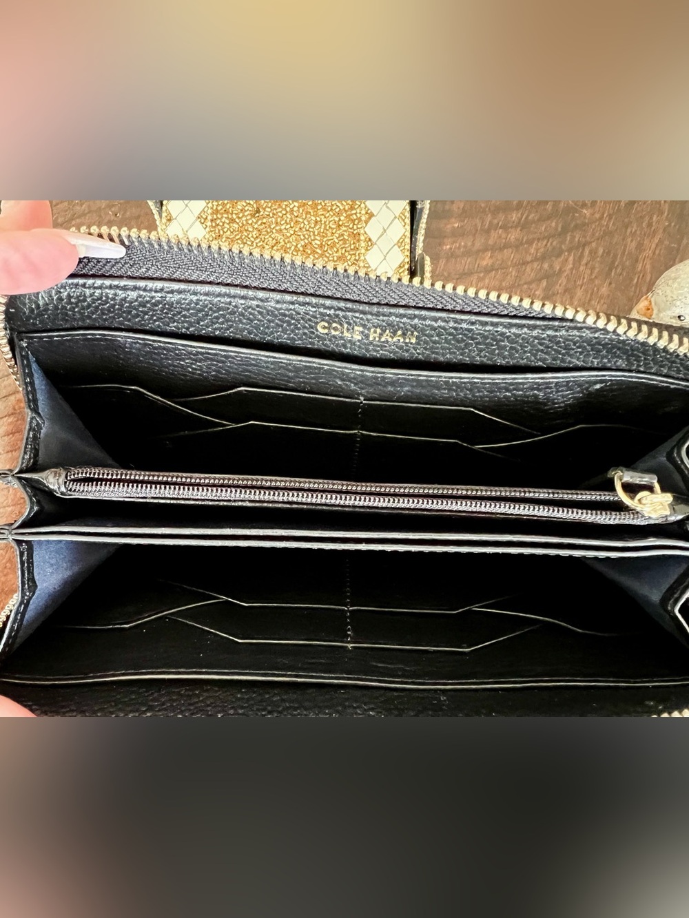 Cole Haan Snake Print Zip Around Continental Wallet Black White Faux Python - Picture 5 of 8